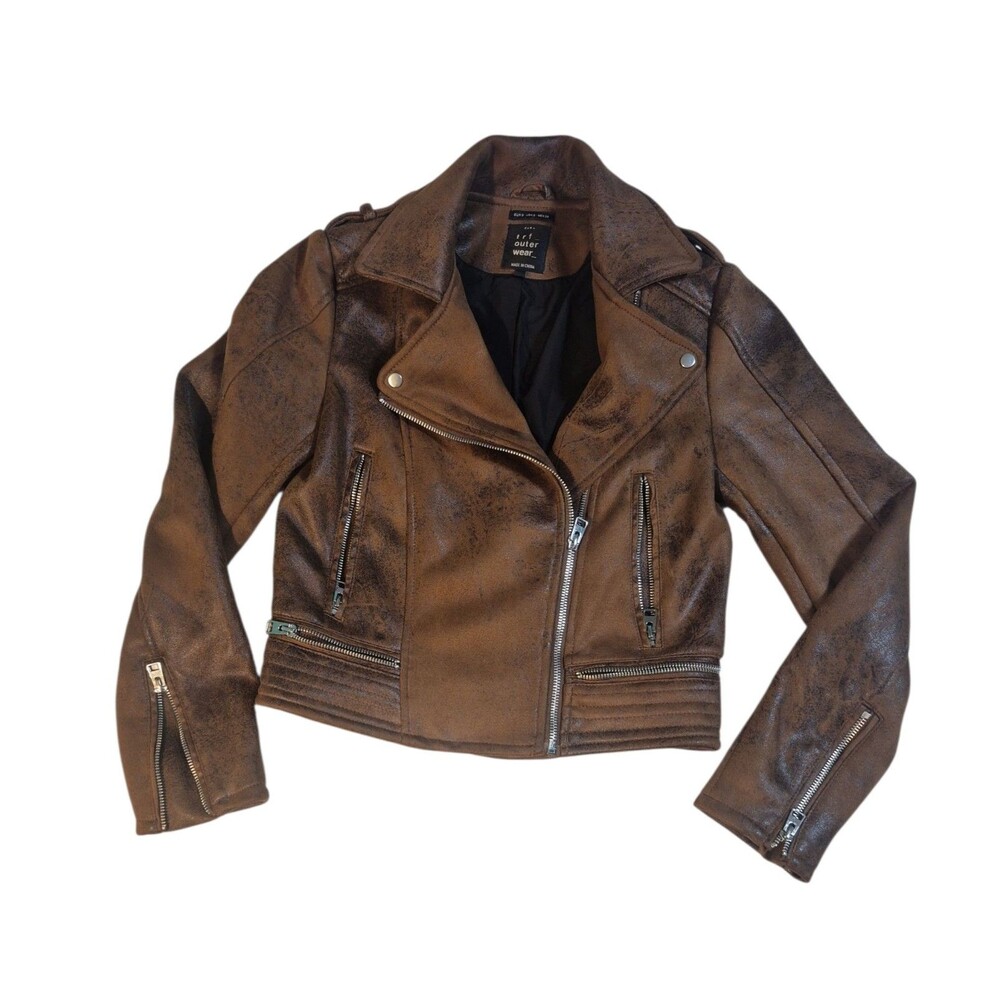 Zara TRF Biker Leather Jacket Womens Small Brown Motorcycle Silver Zippers Soft